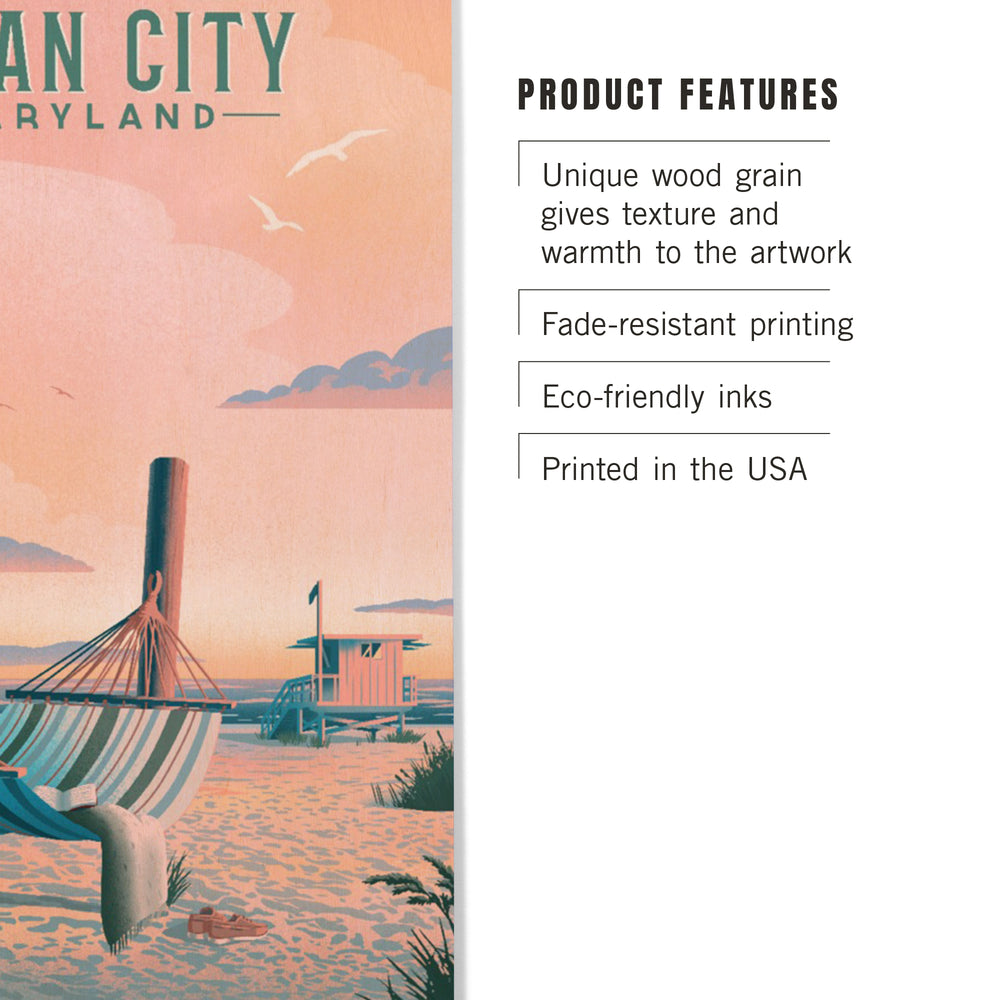 Ocean City, Maryland, Lithograph, Hammock on Beach, Wood Signs and Postcards Wood Lantern Press