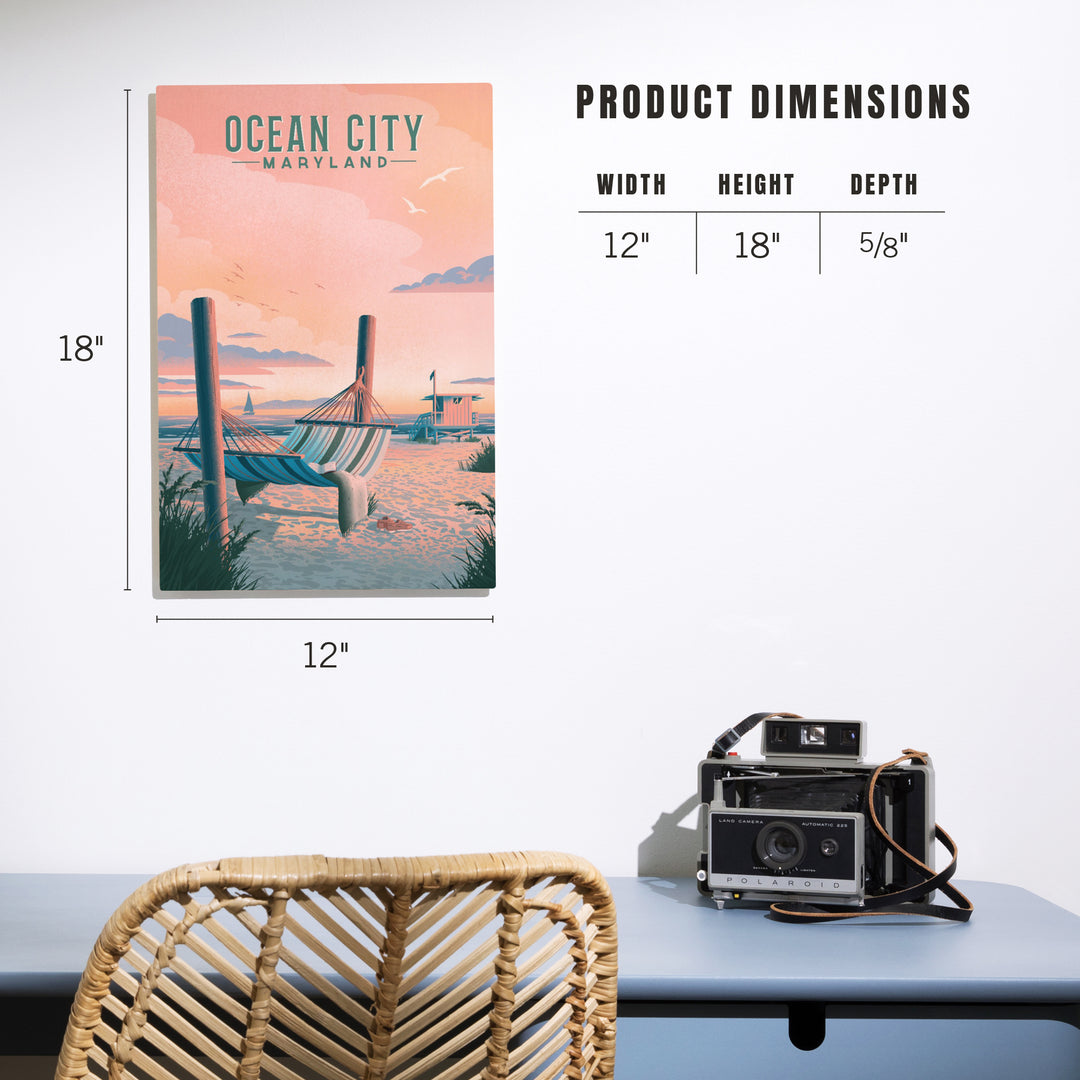 Ocean City, Maryland, Lithograph, Hammock on Beach, Wood Signs and Postcards Wood Lantern Press