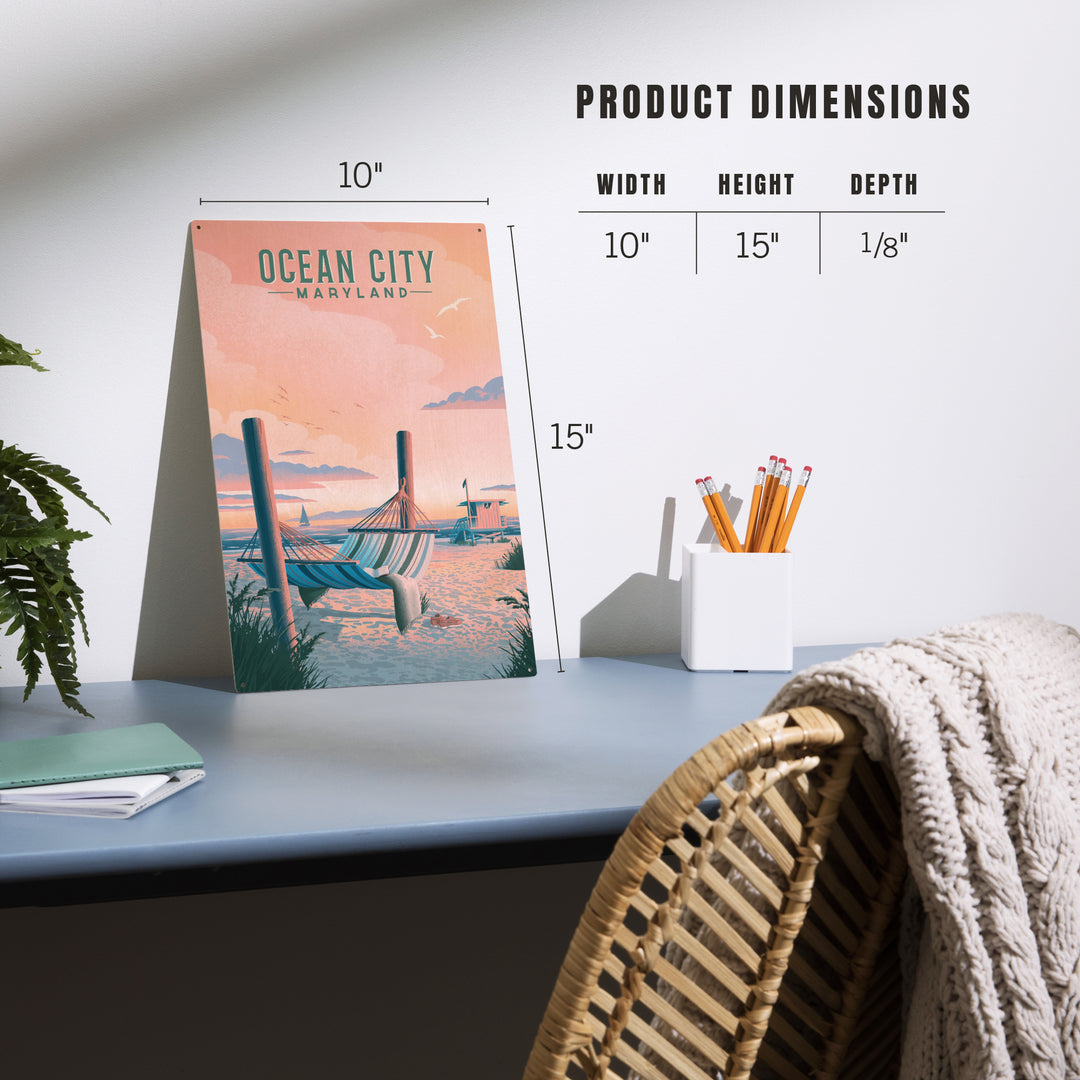 Ocean City, Maryland, Lithograph, Hammock on Beach, Wood Signs and Postcards Wood Lantern Press