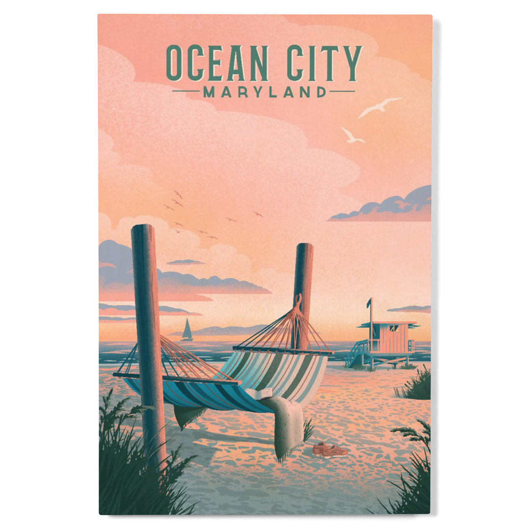 Ocean City, Maryland, Lithograph, Hammock on Beach, Wood Signs and Postcards Wood Lantern Press