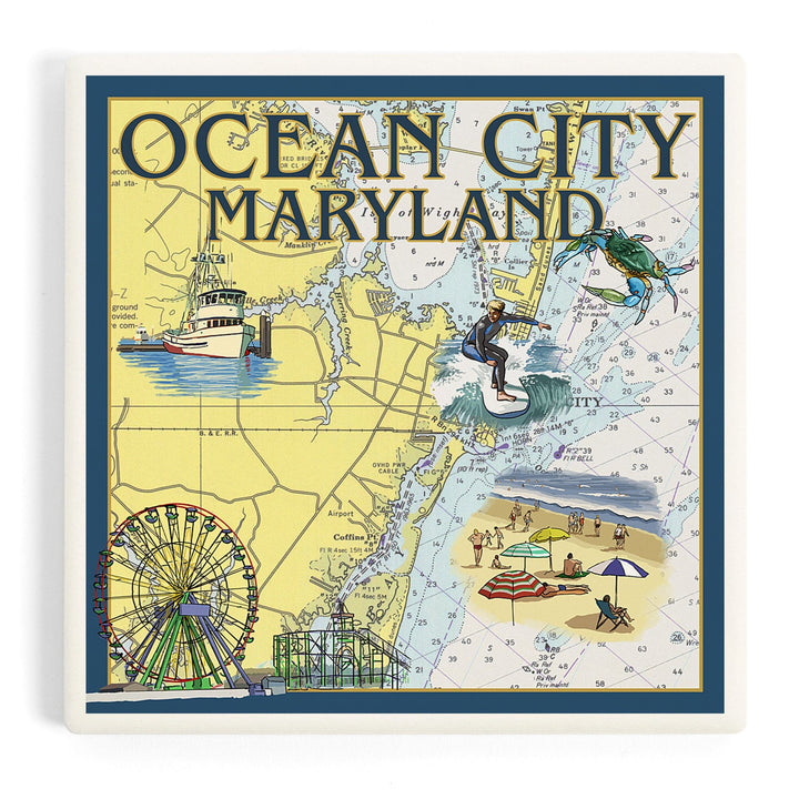Ocean City, Maryland, Nautical Chart, Coasters Coasters Lantern Press