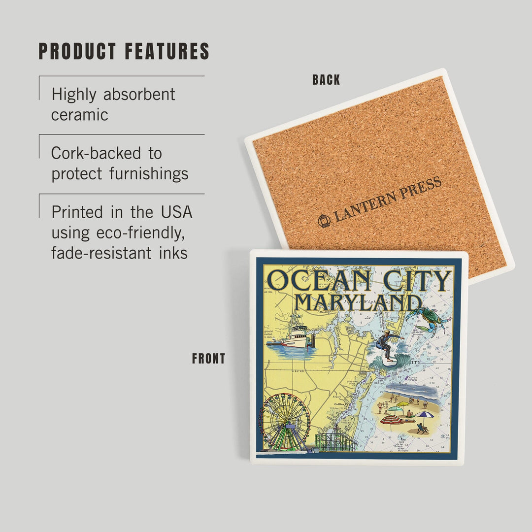 Ocean City, Maryland, Nautical Chart, Coasters Coasters Lantern Press