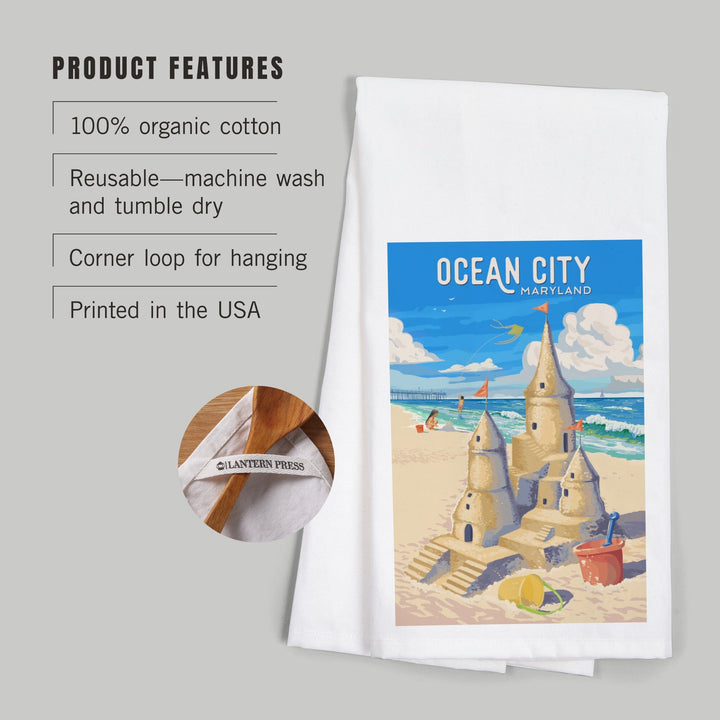 Ocean City, Maryland, Painterly, Soak Up Summer, Sand Castle, Organic Cotton Kitchen Tea Towels Kitchen Lantern Press