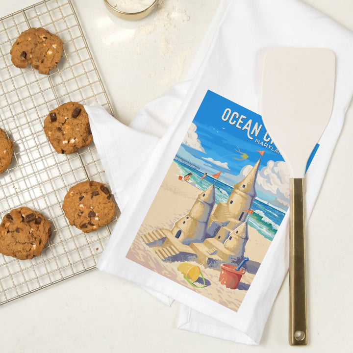 Ocean City, Maryland, Painterly, Soak Up Summer, Sand Castle, Organic Cotton Kitchen Tea Towels Kitchen Lantern Press