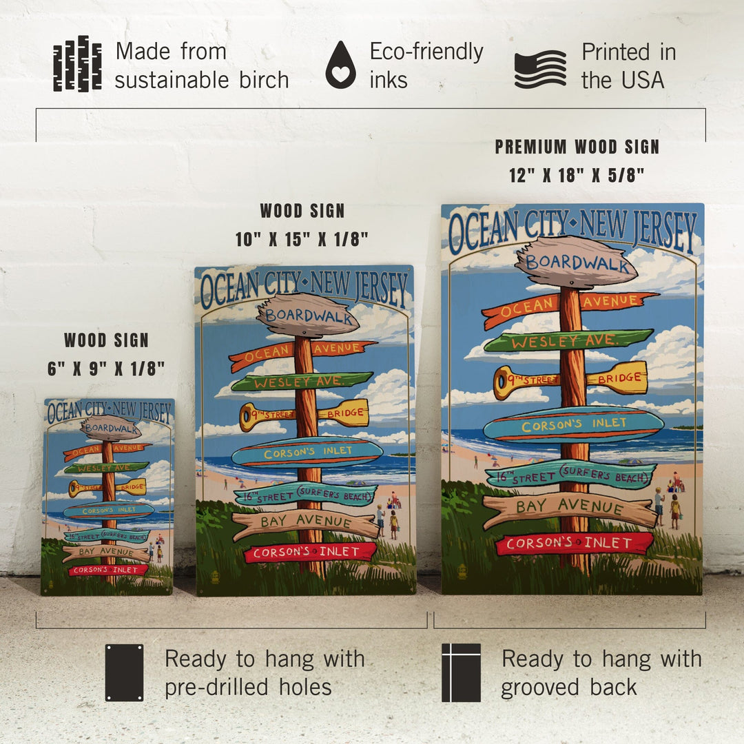 Ocean City, New Jersey, Destination Signpost (#2), Lantern Press Artwork, Wood Signs and Postcards Wood Lantern Press