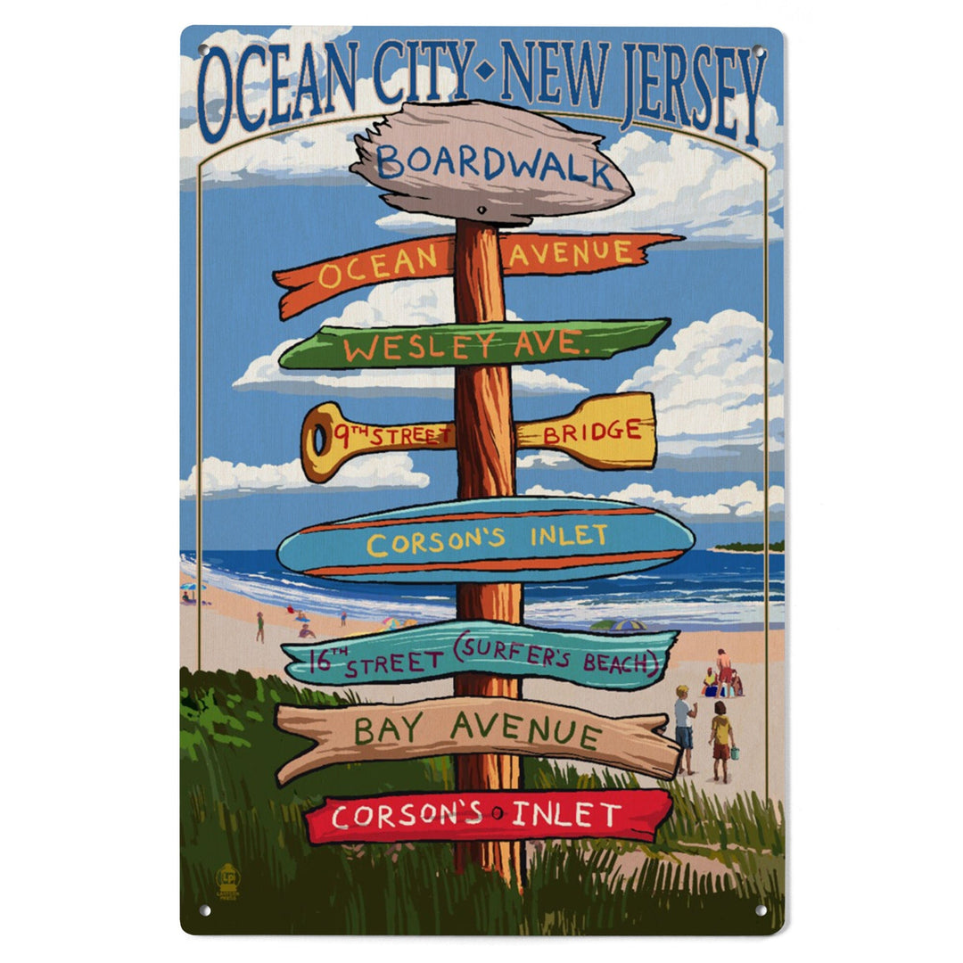 Ocean City, New Jersey, Destination Signpost (#2), Lantern Press Artwork, Wood Signs and Postcards Wood Lantern Press