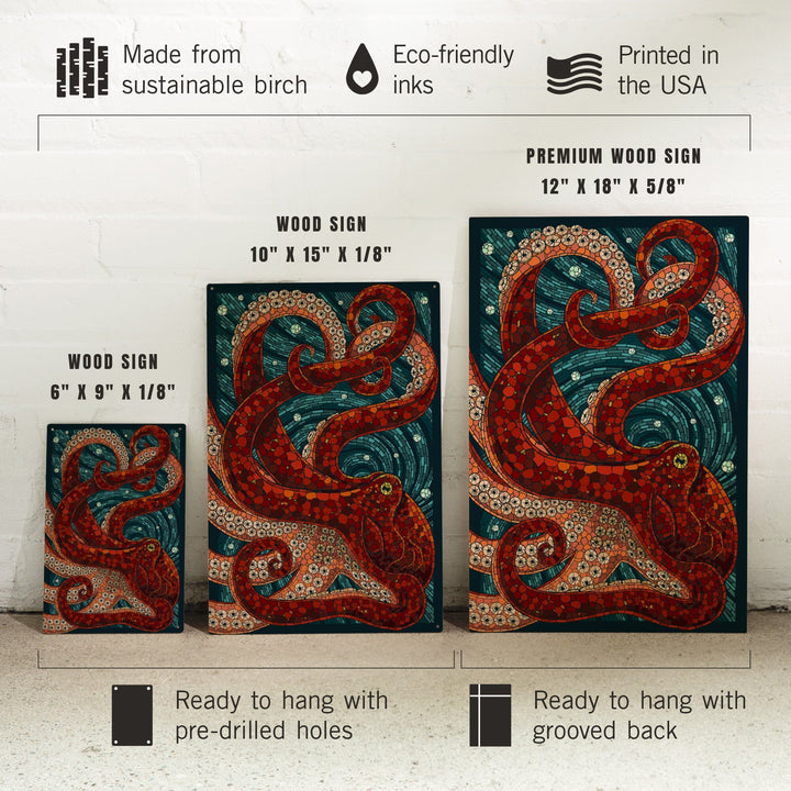 Octopus, Paper Mosaic, Lantern Press Artwork, Wood Signs and Postcards Wood Lantern Press