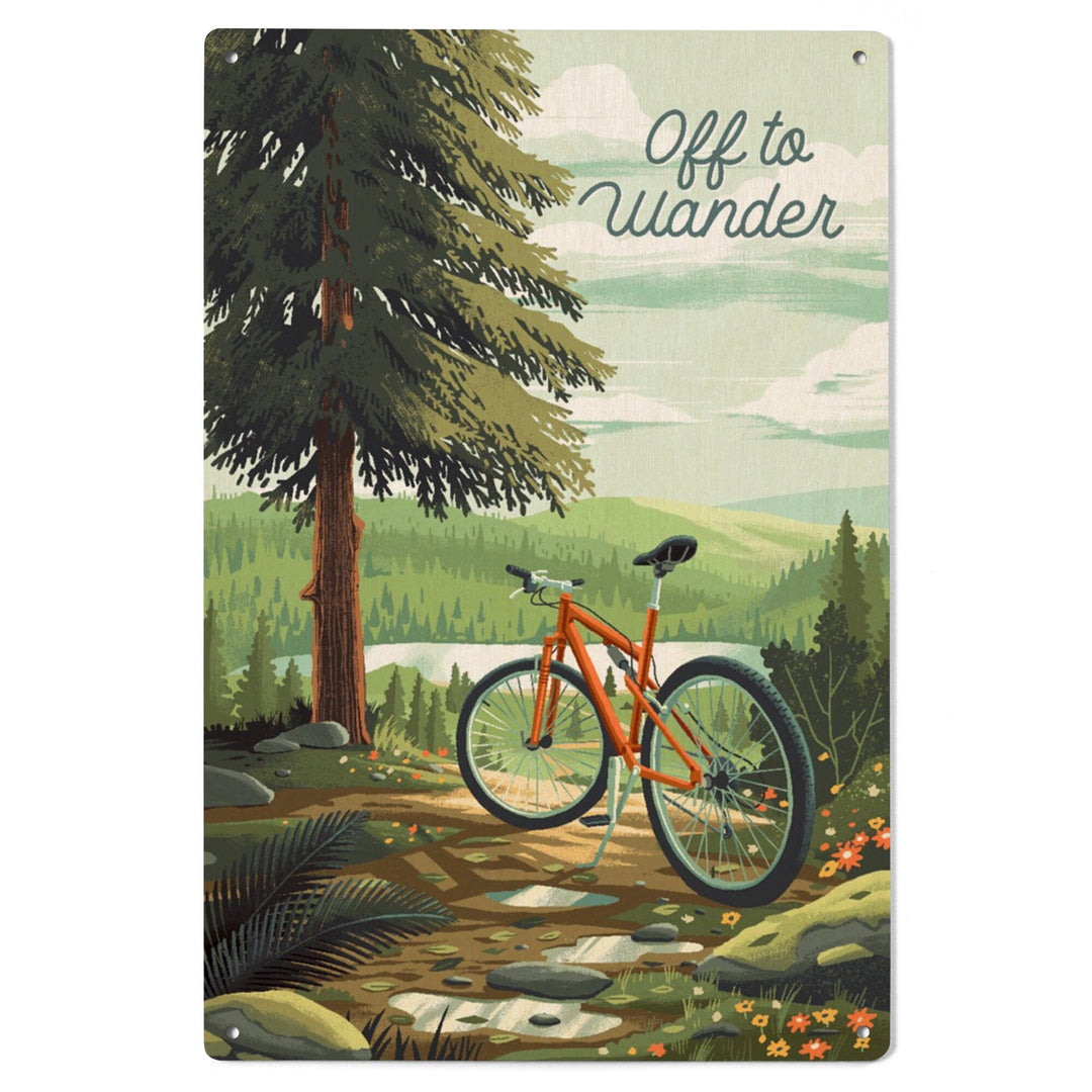 Off To Wander, Cycling with Hills, Evergreens, Wood Signs and Postcards Wood Lantern Press