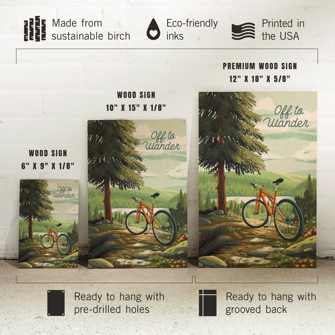 Off To Wander, Cycling with Hills, Evergreens, Wood Signs and Postcards Wood Lantern Press