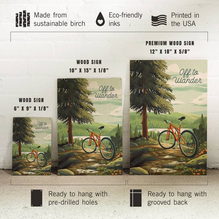 Off To Wander, Cycling with Hills, Evergreens, Wood Signs and Postcards Wood Lantern Press