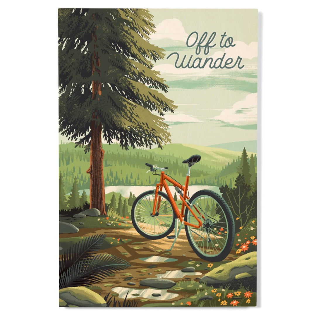 Off To Wander, Cycling with Hills, Evergreens, Wood Signs and Postcards Wood Lantern Press