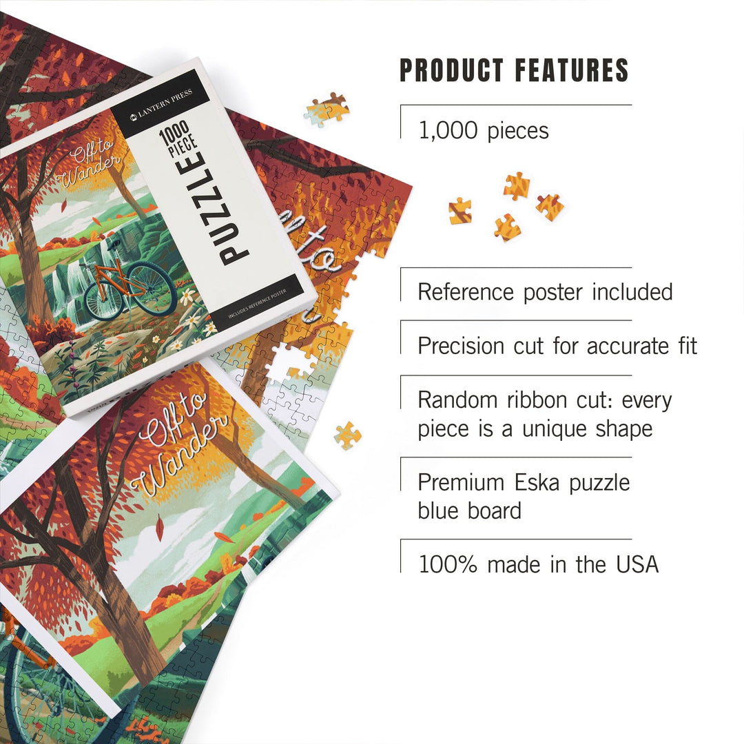 Off To Wander, Cycling with Hills, Fall Colors, Jigsaw Puzzle Puzzle Lantern Press