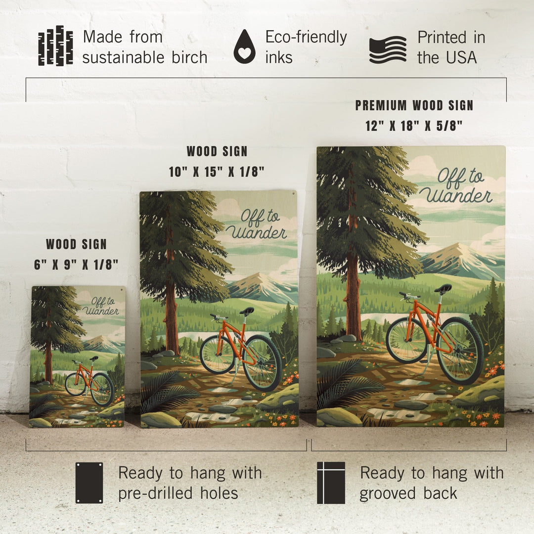 Off To Wander, Cycling with Mountains, Wood Signs and Postcards Wood Lantern Press
