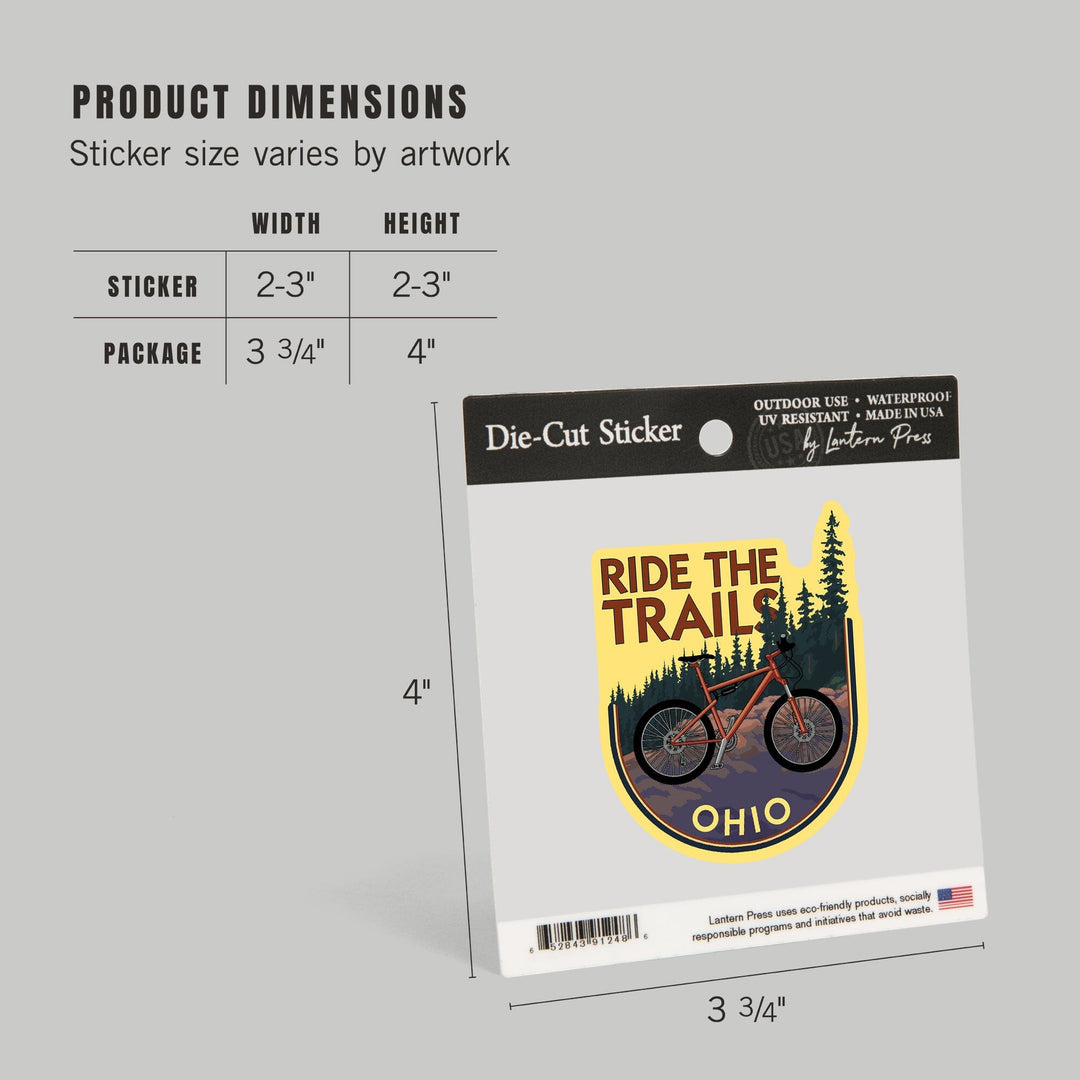 Ohio, Bicycle Ride the Trails, Contour, Lantern Press Artwork, Vinyl Sticker Sticker Lantern Press