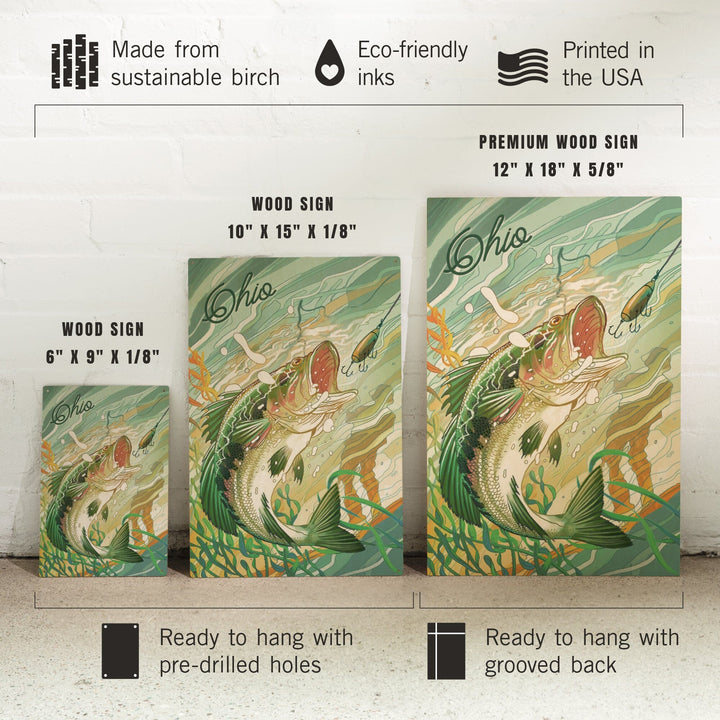 Ohio, Fish All Day, Bass, Wood Signs and Postcards Wood Lantern Press