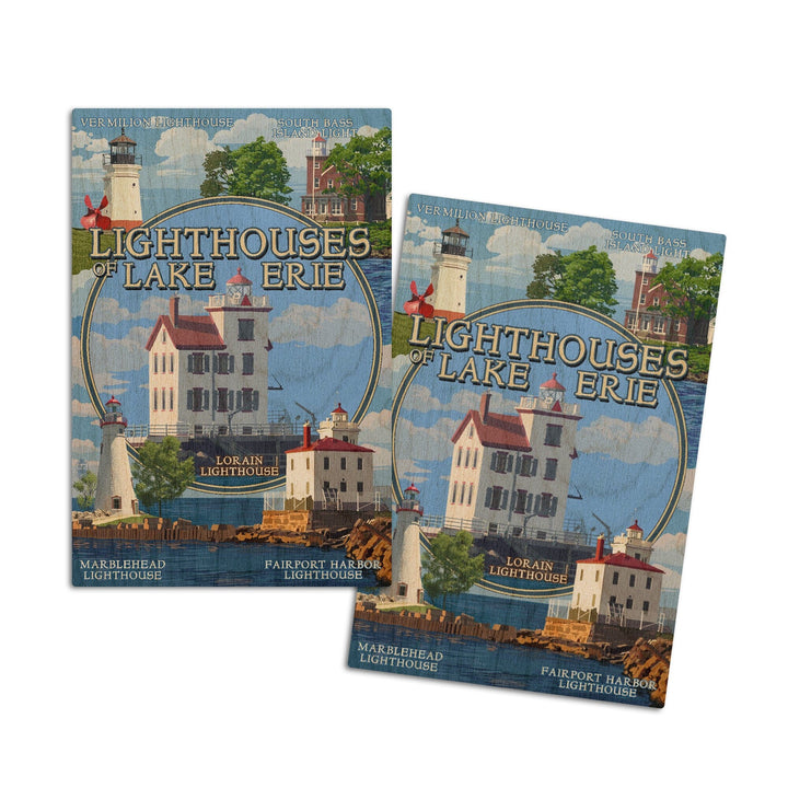 Ohio, Lorain Lighthouse, The Lighthouses of Lake Erie, Lantern Press Artwork, Wood Signs and Postcards Wood Lantern Press 4x6 Wood Postcard Set