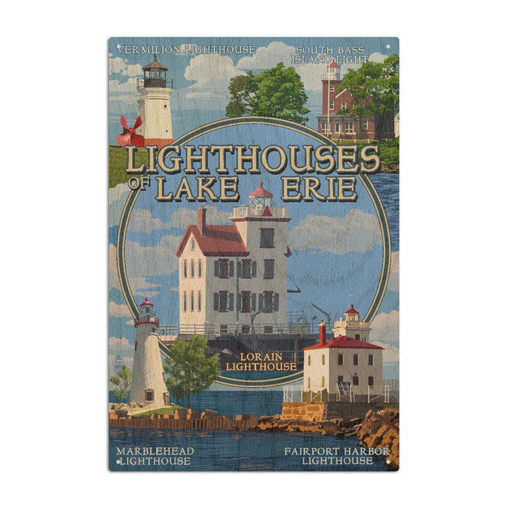 Ohio, Lorain Lighthouse, The Lighthouses of Lake Erie, Lantern Press Artwork, Wood Signs and Postcards Wood Lantern Press 6x9 Wood Sign