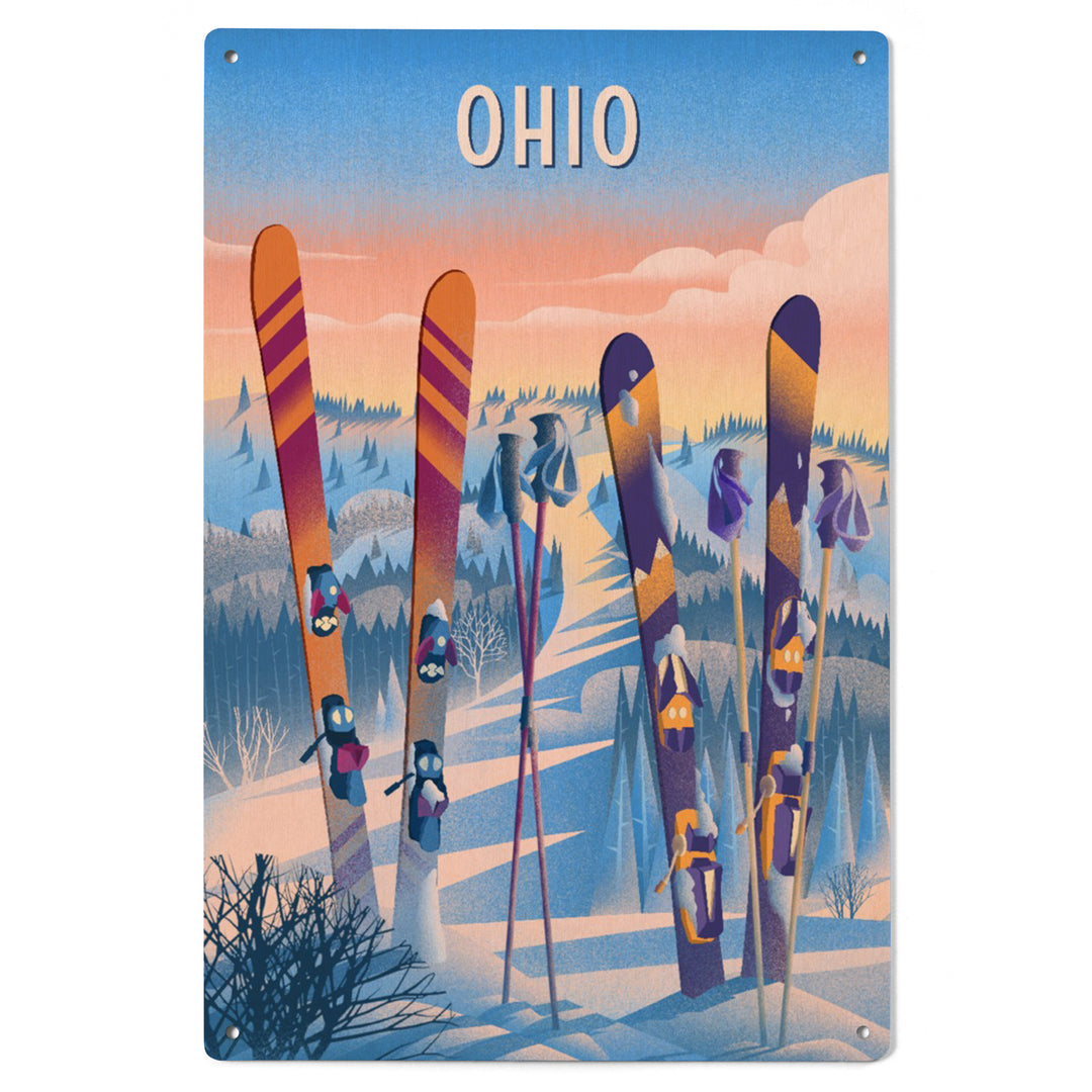 Ohio, Prepare for Takeoff, Skis in Snowbank, Wood Signs and Postcards Wood Lantern Press
