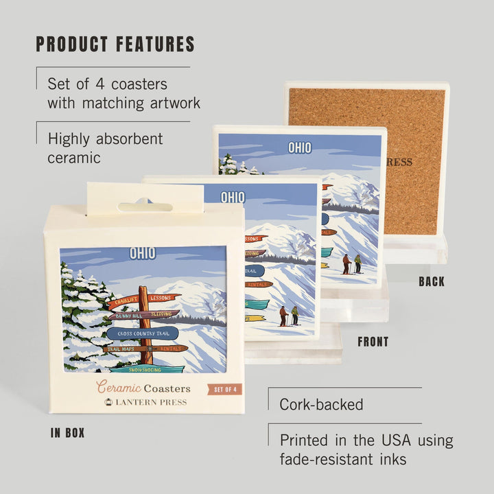 Ohio, Signpost, Ski and Snow, Coasters Coasters Lantern Press