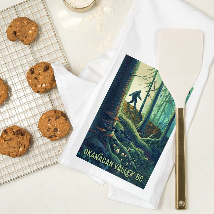 Okanagan Valley, British Columbia, Get Outside, Wanderer, Bigfoot in Forest, Organic Cotton Kitchen Tea Towels Kitchen Lantern Press