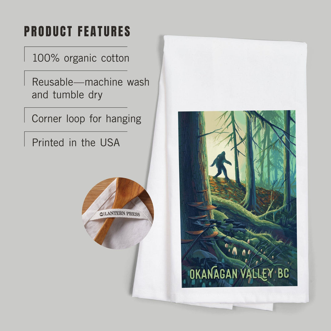 Okanagan Valley, British Columbia, Get Outside, Wanderer, Bigfoot in Forest, Organic Cotton Kitchen Tea Towels Kitchen Lantern Press