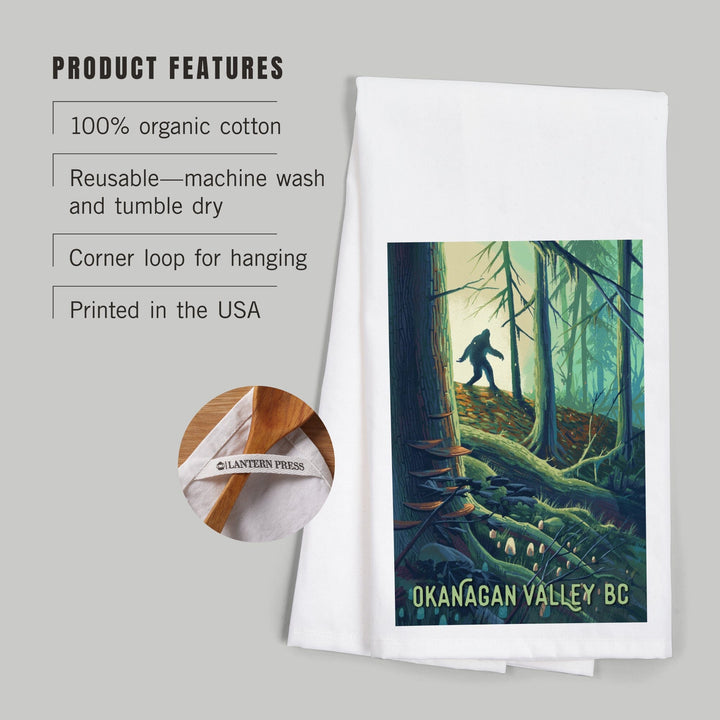 Okanagan Valley, British Columbia, Get Outside, Wanderer, Bigfoot in Forest, Organic Cotton Kitchen Tea Towels Kitchen Lantern Press