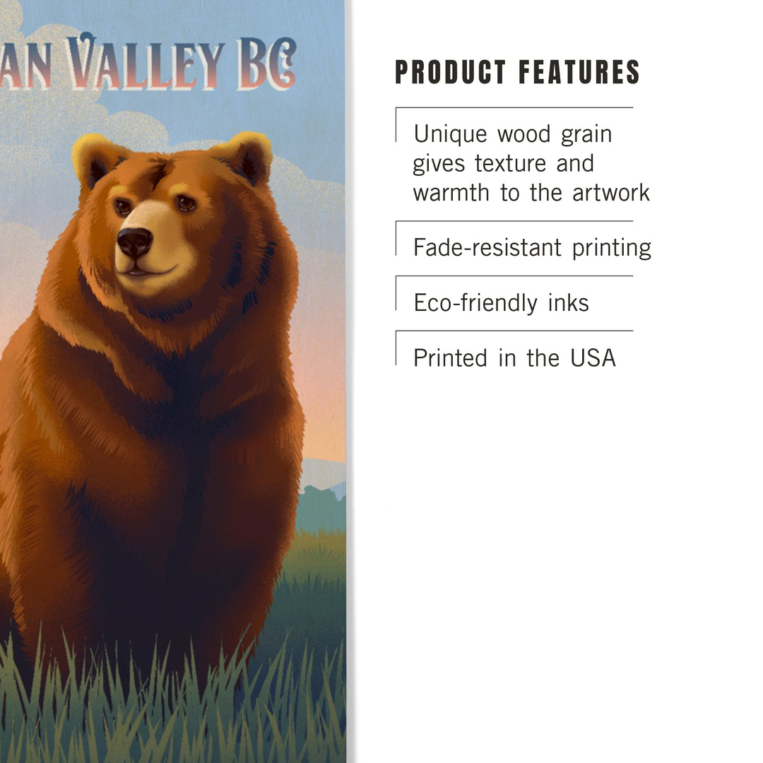 Okanagan Valley, British Columbia, Lithograph Wildlife Series, Grizzly Bear, Wood Signs and Postcards Wood Lantern Press