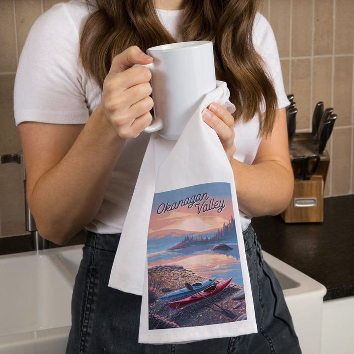 Okanagan Valley, Canada, Glassy Sunrise, Kayak, Organic Cotton Kitchen Tea Towels Kitchen Lantern Press