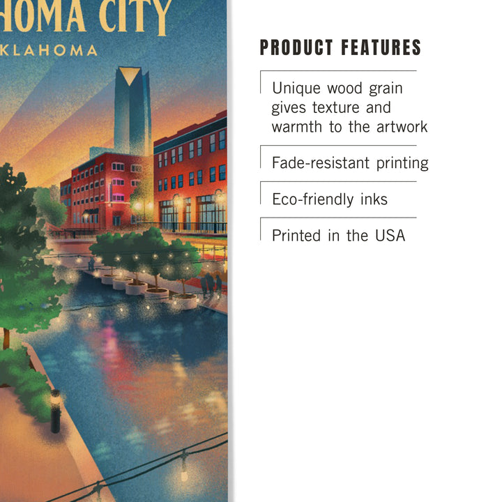 Oklahoma City, Oklahoma, Lithograph, River Walk, Wood Signs and Postcards Wood Lantern Press