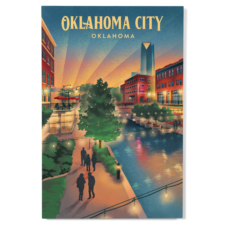 Oklahoma City, Oklahoma, Lithograph, River Walk, Wood Signs and Postcards Wood Lantern Press
