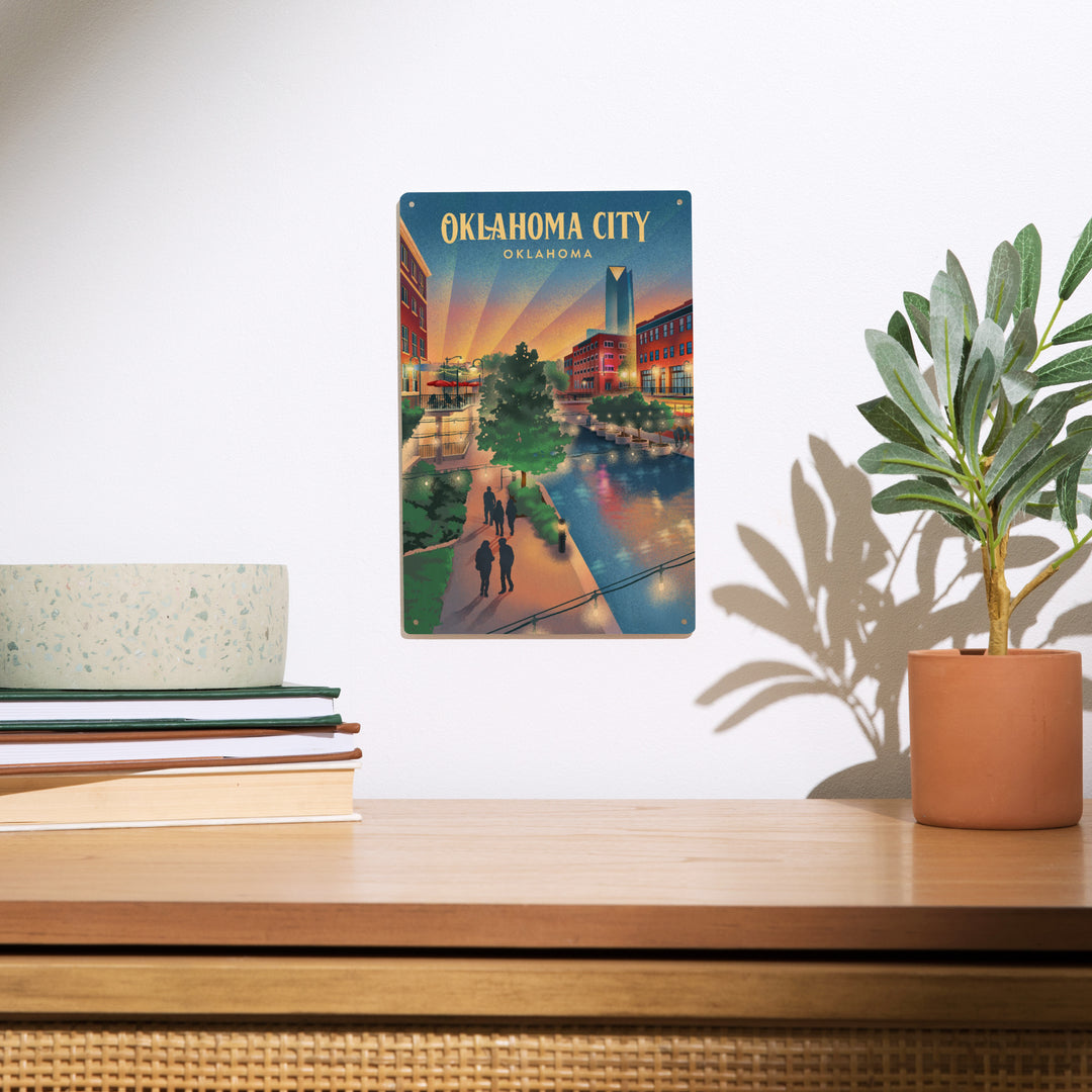 Oklahoma City, Oklahoma, Lithograph, River Walk, Wood Signs and Postcards Wood Lantern Press