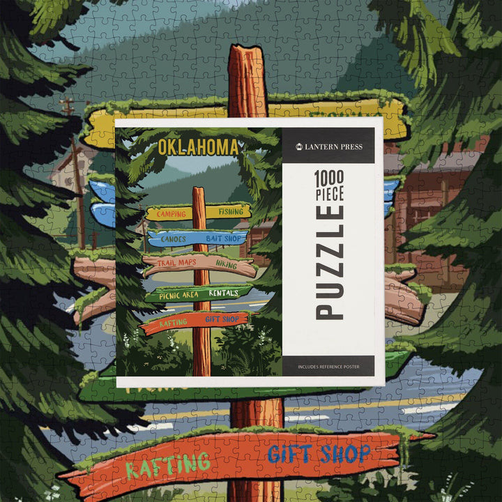 Oklahoma, Signpost, Forest and Camp, Jigsaw Puzzle Puzzle Lantern Press