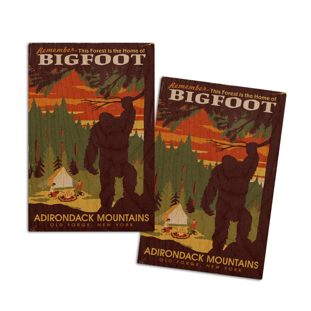Old Forge, New York, Adirondack Mountains, Home of Bigfoot, Lantern Press Artwork, Wood Signs and Postcards Wood Lantern Press 4x6 Wood Postcard Set