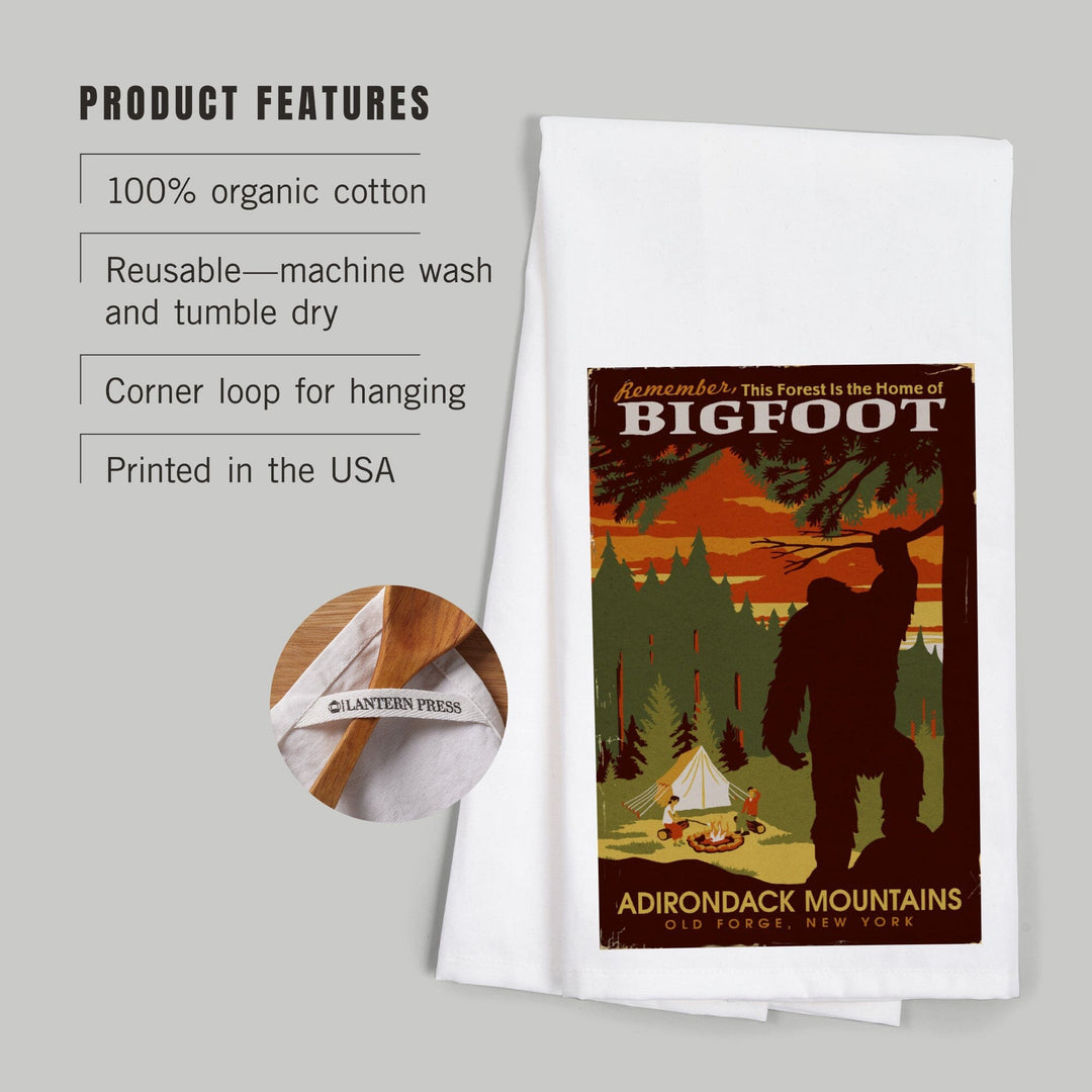 Old Forge, New York, Adirondack Mountains, Home of Bigfoot, Organic Cotton Kitchen Tea Towels Kitchen Lantern Press