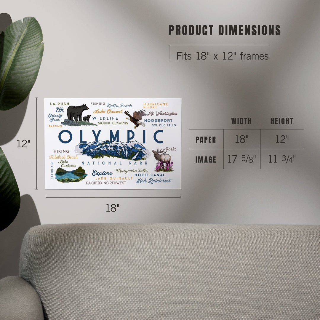 Olympic National Park, Washington, Mountain Range, Typography and Icons, Art & Giclee Prints Art Lantern Press