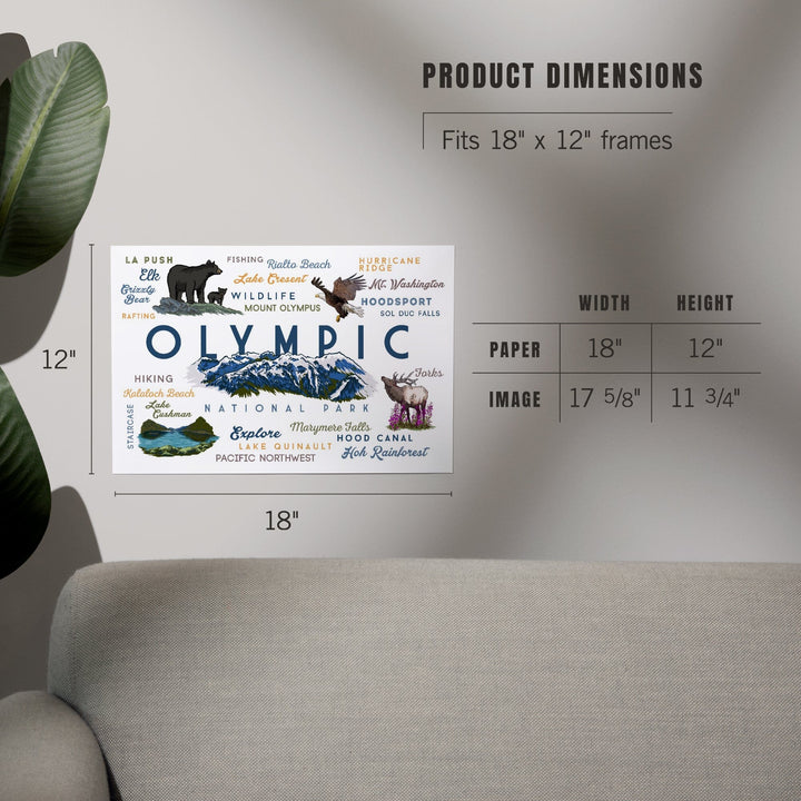 Olympic National Park, Washington, Mountain Range, Typography and Icons, Art & Giclee Prints Art Lantern Press