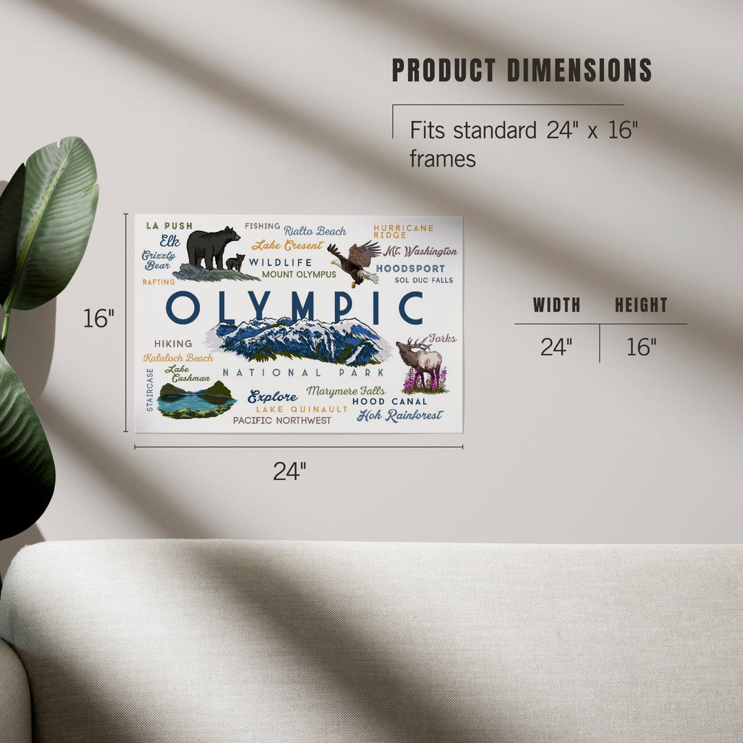 Olympic National Park, Washington, Mountain Range, Typography and Icons, Art & Giclee Prints Art Lantern Press