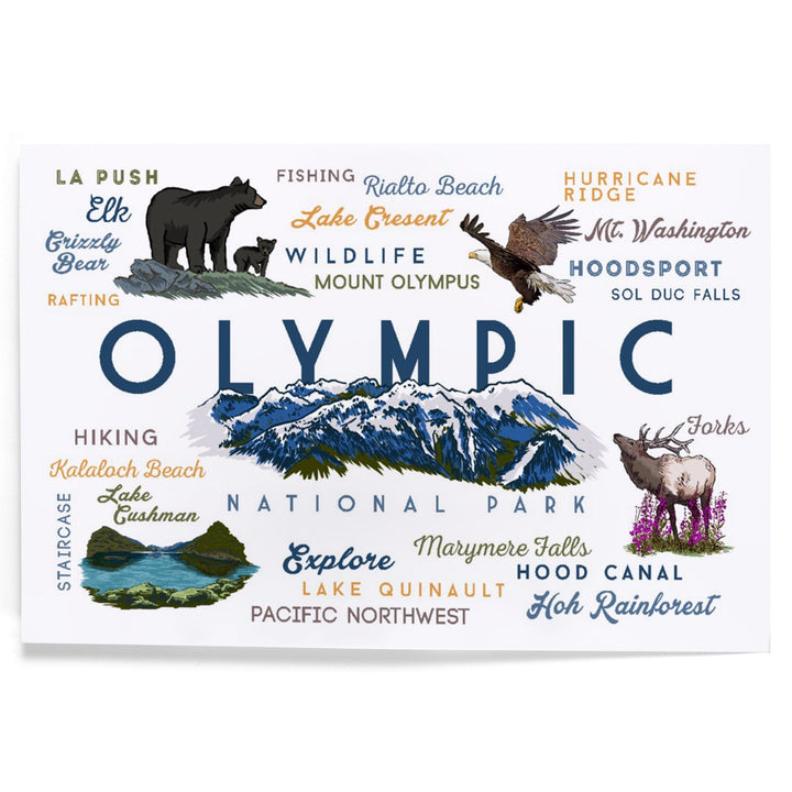 Olympic National Park, Washington, Mountain Range, Typography and Icons, Art & Giclee Prints Art Lantern Press 8 x 12 Art Print