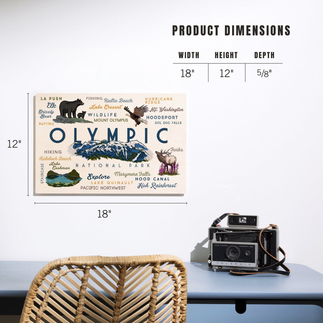 Olympic National Park, Washington, Mountain Range, Typography and Icons, Wood Signs and Postcards Wood Lantern Press
