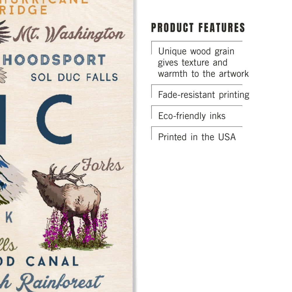 Olympic National Park, Washington, Mountain Range, Typography and Icons, Wood Signs and Postcards Wood Lantern Press