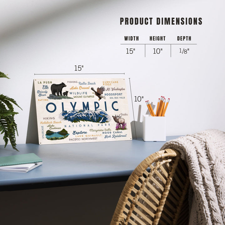 Olympic National Park, Washington, Mountain Range, Typography and Icons, Wood Signs and Postcards Wood Lantern Press