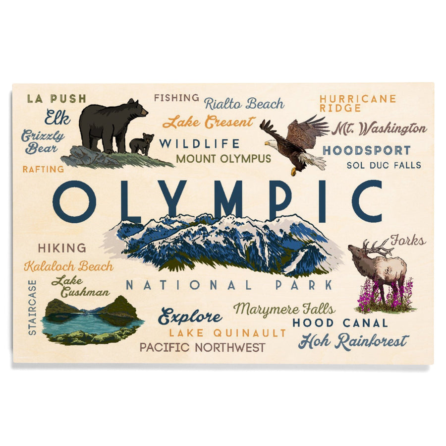 Olympic National Park, Washington, Mountain Range, Typography and Icons, Wood Signs and Postcards Wood Lantern Press