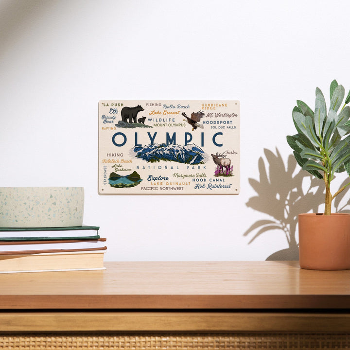 Olympic National Park, Washington, Mountain Range, Typography and Icons, Wood Signs and Postcards Wood Lantern Press