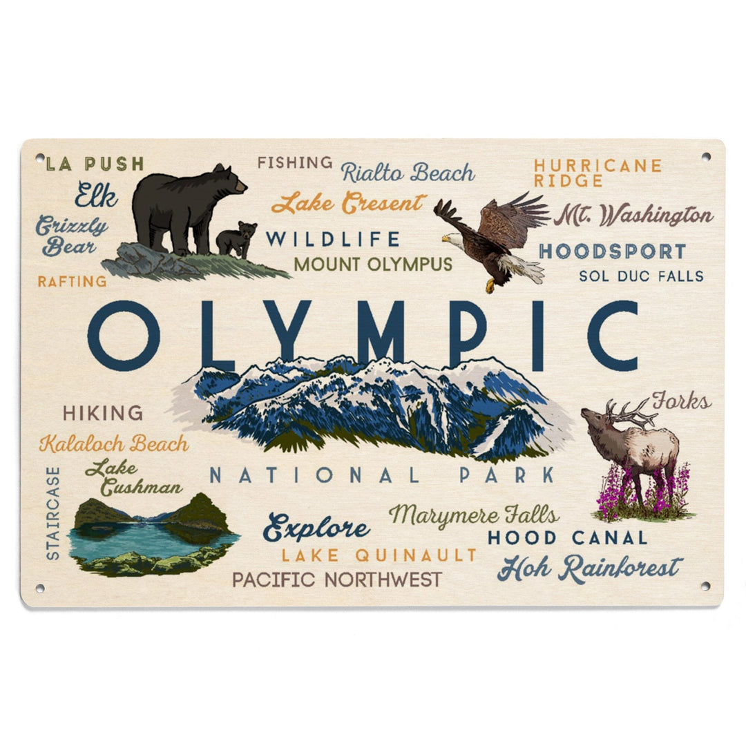 Olympic National Park, Washington, Mountain Range, Typography and Icons, Wood Signs and Postcards Wood Lantern Press