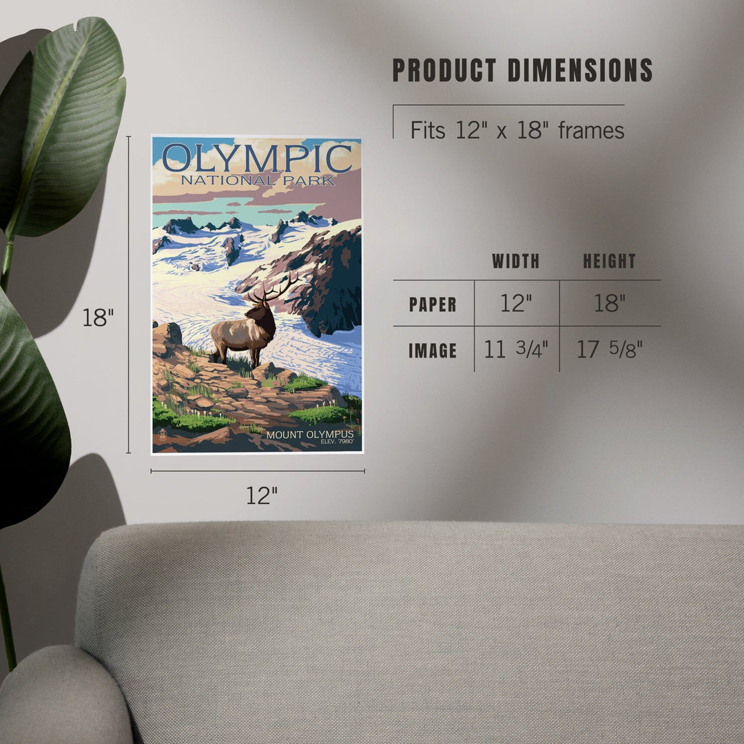 Olympic National Park, Washington, Mt. Olympus and Elk, Art & Giclee Prints Art Lantern Press