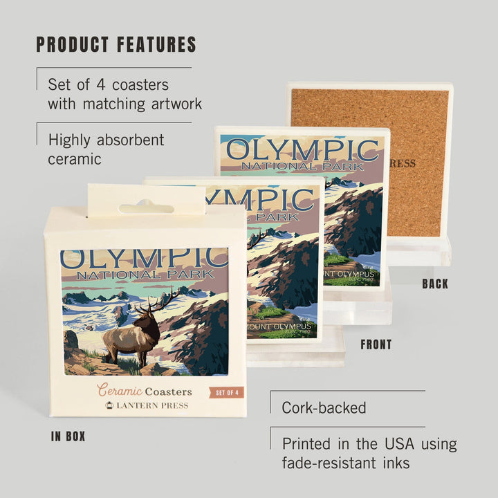Olympic National Park, Washington, Mt. Olympus and Elk, Coasters Coasters Lantern Press