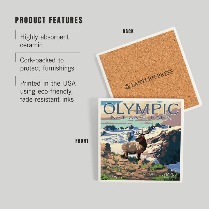 Olympic National Park, Washington, Mt. Olympus and Elk, Coasters Coasters Lantern Press