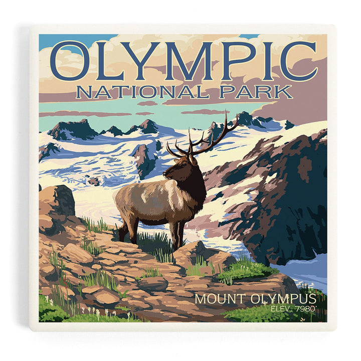 Olympic National Park, Washington, Mt. Olympus and Elk, Coasters Coasters Lantern Press Coaster