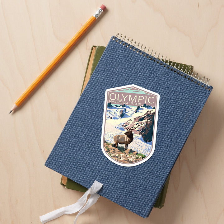 Olympic National Park, Washington, Mt. Olympus and Elk, Contour, Vinyl Sticker Sticker Lantern Press