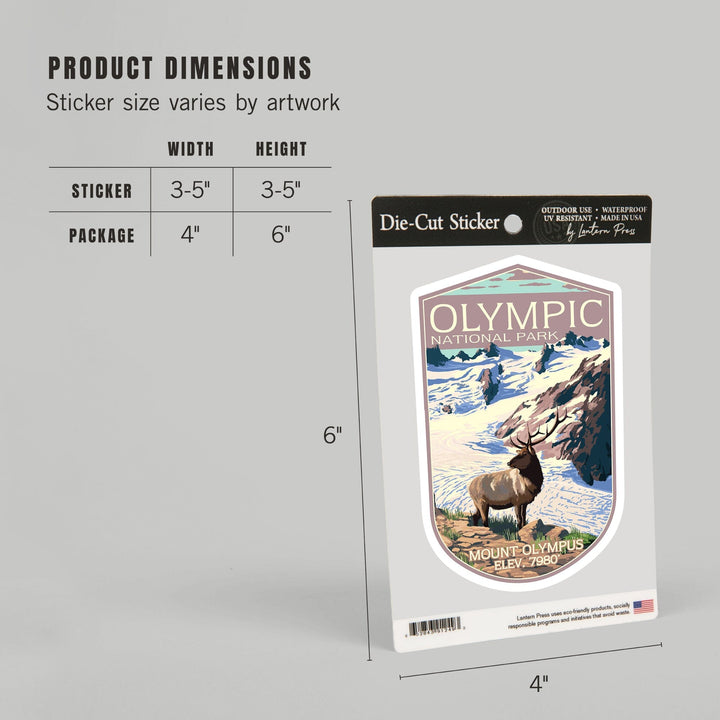 Olympic National Park, Washington, Mt. Olympus and Elk, Contour, Vinyl Sticker Sticker Lantern Press